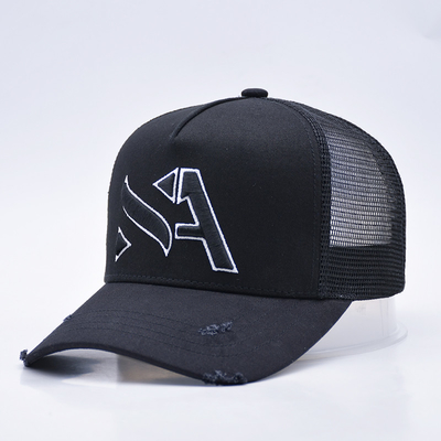 Customizable Curved Black Distressed Trucker Hat Wholesale 5 Panel 3D Embroidered Trucker Cap