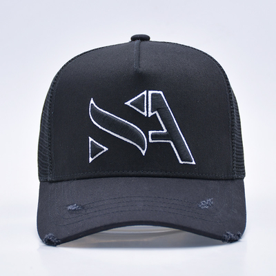 Customizable Curved Black Distressed Trucker Hat Wholesale 5 Panel 3D Embroidered Trucker Cap