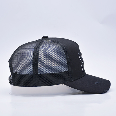 Customizable Curved Black Distressed Trucker Hat Wholesale 5 Panel 3D Embroidered Trucker Cap