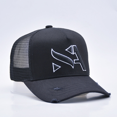 Customizable Curved Black Distressed Trucker Hat Wholesale 5 Panel 3D Embroidered Trucker Cap