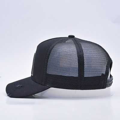 Customizable Curved Black Distressed Trucker Hat Wholesale 5 Panel 3D Embroidered Trucker Cap