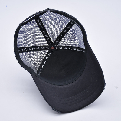 Customizable Curved Black Distressed Trucker Hat Wholesale 5 Panel 3D Embroidered Trucker Cap