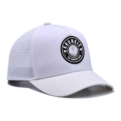 OEM Custom 5 Panel Rubber Pvc Logo Laser Cut Hole Perforated Sport Performance Dad Hat,White Waterproof Resistant UV Baseball Cap