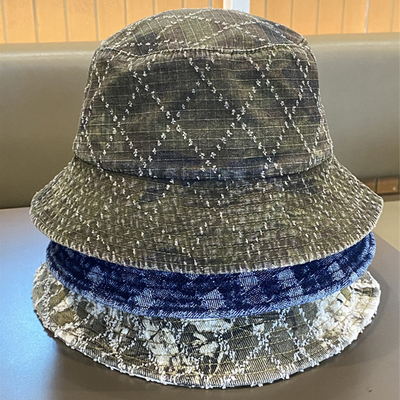Hot Sale Spring and Autumn New Flat Top Frayed Denim Suquin Plaid Embroidery Custom Bucket Hat Embroidery logo Fisherman's Hat