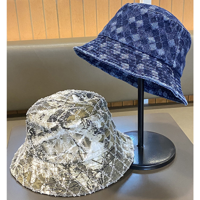 Hot Sale Spring and Autumn New Flat Top Frayed Denim Suquin Plaid Embroidery Custom Bucket Hat Embroidery logo Fisherman's Hat