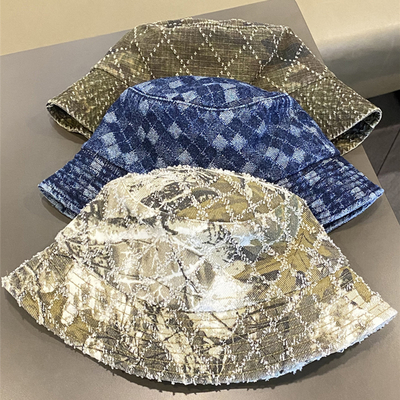 Hot Sale Spring and Autumn New Flat Top Frayed Denim Suquin Plaid Embroidery Custom Bucket Hat Embroidery logo Fisherman's Hat