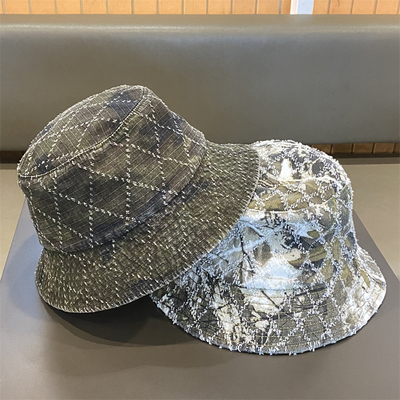 Hot Sale Spring and Autumn New Flat Top Frayed Denim Suquin Plaid Embroidery Custom Bucket Hat Embroidery logo Fisherman's Hat