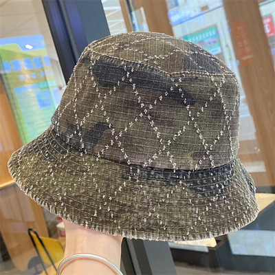 Hot Sale Spring and Autumn New Flat Top Frayed Denim Suquin Plaid Embroidery Custom Bucket Hat Embroidery logo Fisherman's Hat