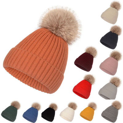 Winter warm knit hat for Women casual solid striped skullies gorros Ski hats Kids Floppy fur pompom beanie cap