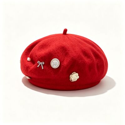 Red Wool Blend Beret with High Durability for All Seasons and Customized Size Casual Winter Beret Cap for Ladies