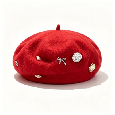 Red Wool Blend Beret with High Durability for All Seasons and Customized Size Casual Winter Beret Cap for Ladies