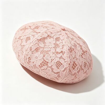 Vintage Pink Lace Beret Floral Pattern Breathable Beret Cap with and Elegant Daily & Party Headwear