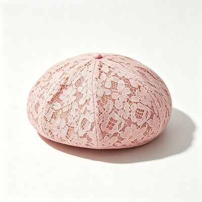 Vintage Pink Lace Beret Floral Pattern Breathable Beret Cap with and Elegant Daily & Party Headwear