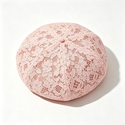 Vintage Pink Lace Beret Floral Pattern Breathable Beret Cap with and Elegant Daily & Party Headwear