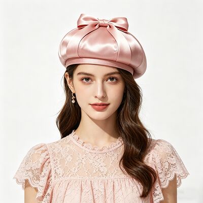 Elegant Pink Satin Beret Hat with Fabric 150 Grams Lightweight and Customized Size for and Casual Wear