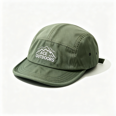 Flat Brim 5 Panel Camper Hat with Sports Mesh Sweatband and Adjustable Hook-and-Loop Strap