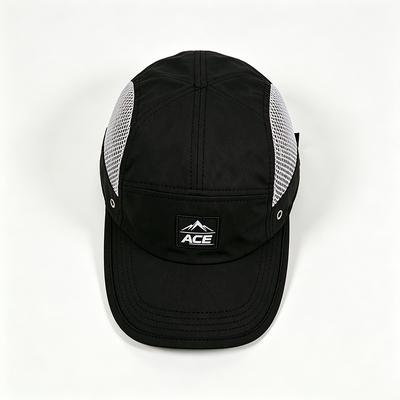 Sports Mesh Sweatband 5 Panel Camper Hat with Flat Brim and One Size Fits All Design