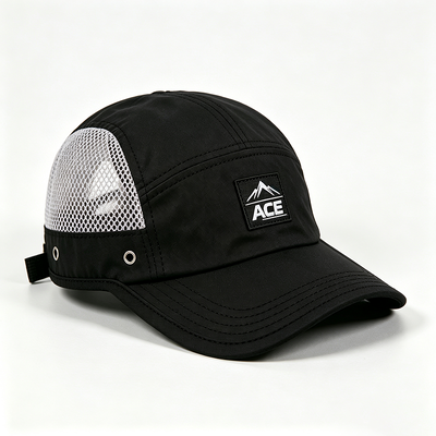 Sports Mesh Sweatband 5 Panel Camper Hat with Flat Brim and One Size Fits All Design