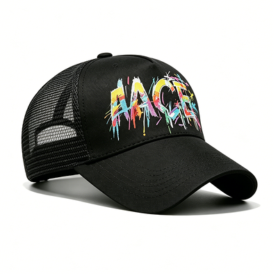 Adjustable Snapback Trucker Cap Digital Heat Transfer Graffiti Pattern Front Panel Mesh Back Hat Perfect for Outdoor Activities Company Branding