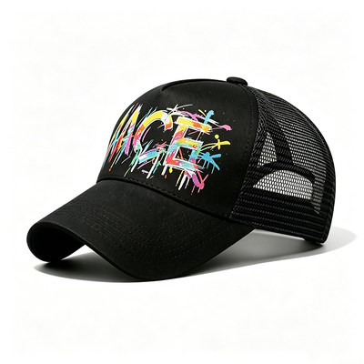 Adjustable Snapback Trucker Cap Digital Heat Transfer Graffiti Pattern Front Panel Mesh Back Hat Perfect for Outdoor Activities Company Branding