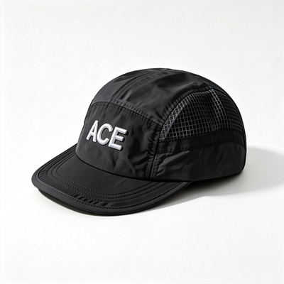 5 Panel Camper Hat Featuring Hook and Loop Strap Closure and Contrast Stitching Ideal for Hiking and Camping