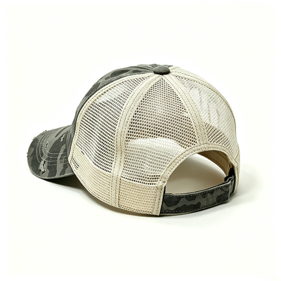 Distressed Camo Curved Visor Trucker Cap Featuring Constructed Structure Durable Mesh Back and Adjustable Snap Closure for Everyday Wear