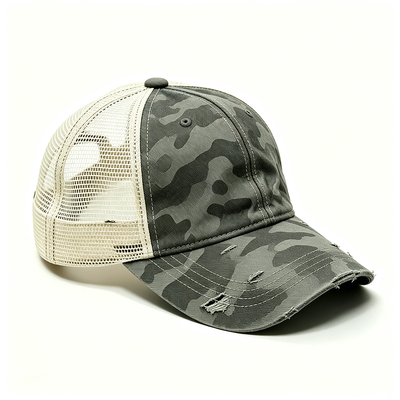 Distressed Camo Curved Visor Trucker Cap Featuring Constructed Structure Durable Mesh Back and Adjustable Snap Closure for Everyday Wear