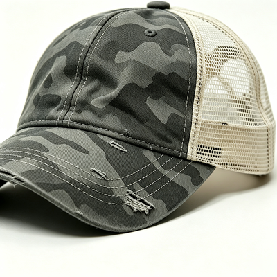 Distressed Camo Curved Visor Trucker Cap Featuring Constructed Structure Durable Mesh Back and Adjustable Snap Closure for Everyday Wear