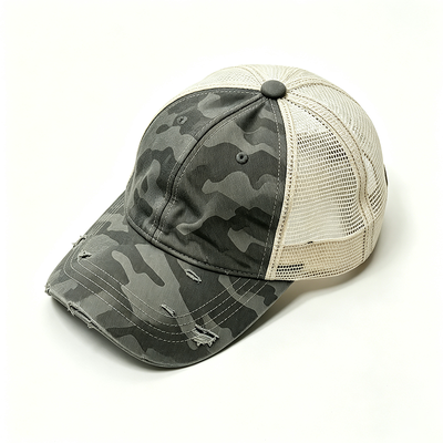 Distressed Camo Curved Visor Trucker Cap Featuring Constructed Structure Durable Mesh Back and Adjustable Snap Closure for Everyday Wear