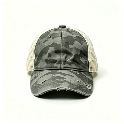 Distressed Camo Curved Visor Trucker Cap Featuring Constructed Structure Durable Mesh Back and Adjustable Snap Closure for Everyday Wear