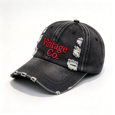 Distressed Vintage Denim Dad Hat Raised Embroidery Hand Wash Recommended Adjustable Strap For Different Head Sizes
