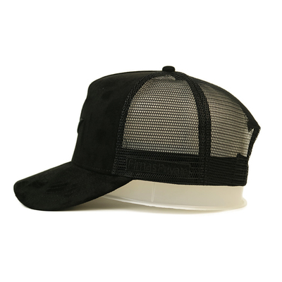 custom-made 3D embroidery 5 panel suede trucker cap with plastic buckle