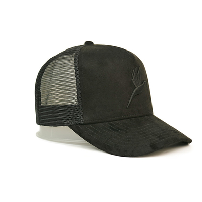 custom-made 3D embroidery 5 panel suede trucker cap with plastic buckle