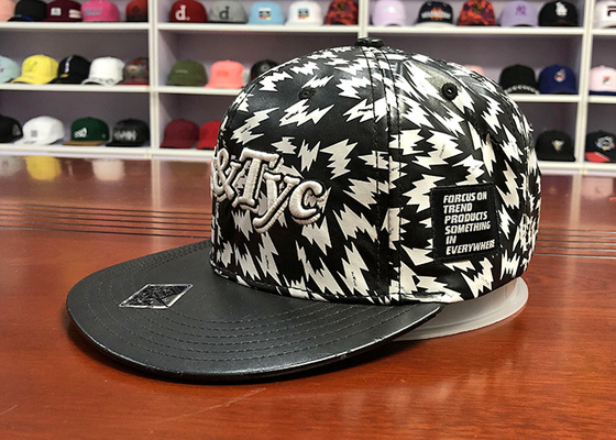 Custom black and white leather flat bill flat printing  snapback caps