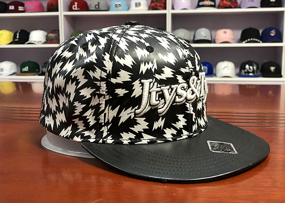 Custom black and white leather flat bill flat printing  snapback caps