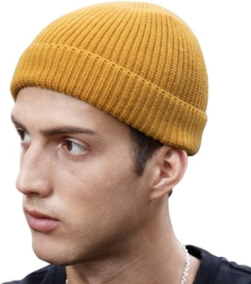 Yellow Acrylic Plain Knit Beanie Hats With Short Brim Adult Size