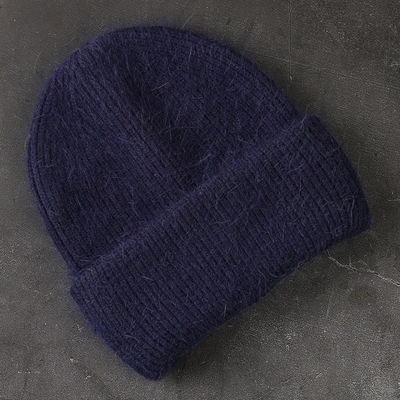 58cm Real Rabbit Fur Knitted Hat Solid Warm Cashmere Wool Skullies Beanies