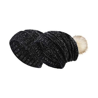 Winter Women 58cm Knit Beanie Hats Fur Ball Cap Pom Poms