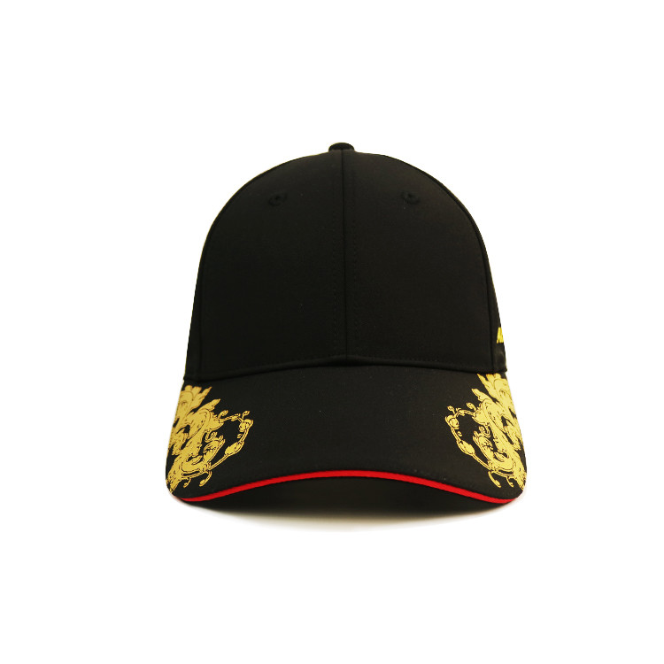 Gold Print On Both Sides Black Sport Cap , 6 Panel Baseball Custom Logo