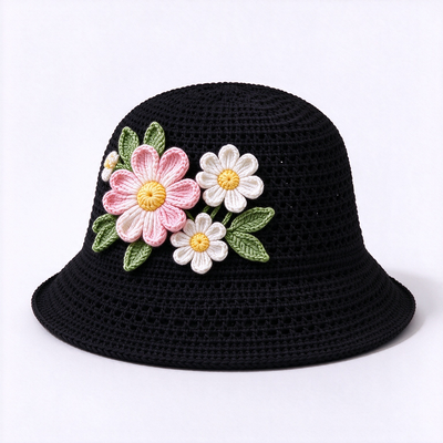 20 Years Cap Experience 3D Floral Applique Crochet Bucket Hat Crafted With Cotton Yarn Suitable For Travel Beach Everyday Streetwear