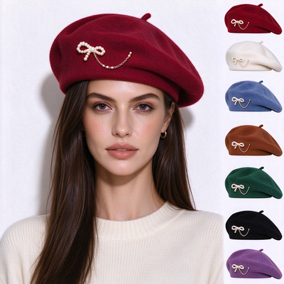 Custom Classic Women Wool Beret Hat Pearl Bow Chain Decor French Beret Vintage Warm Solid Color Beret for Casual Daily Wear Support Customization