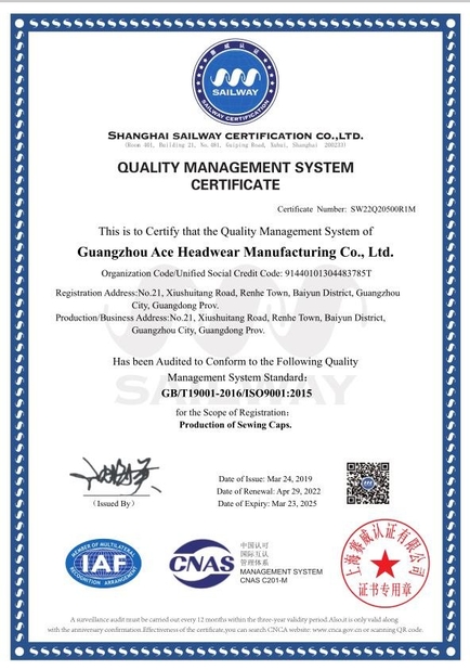 China Guangzhou Ace Headwear Manufacturing Co., Ltd. Certification