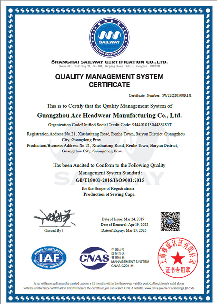 China Guangzhou Ace Headwear Manufacturing Co., Ltd. Certification